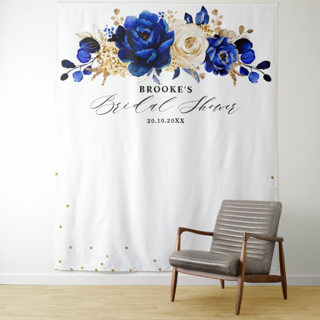 Royal Blue Gold Metallic Floral Brautparty Wandteppich (Beispiel)