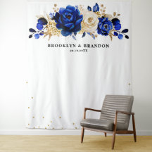 Royal Blue Gold Metallic Floral Wedding Tapestes