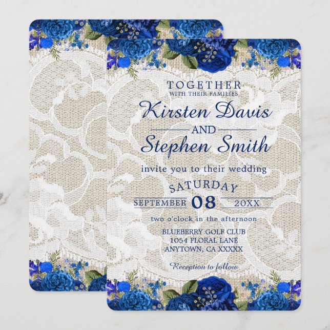 Royal Blue Gold Navy Floral Lace Rustic Wedding Einladung (Vorne/Hinten)