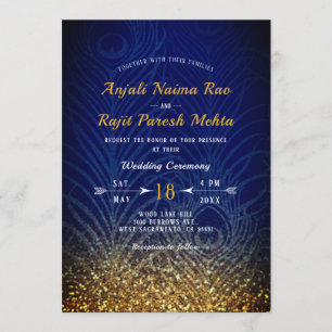 Royal Blue & Gold Peacock Feather Indian Wedding Einladung
