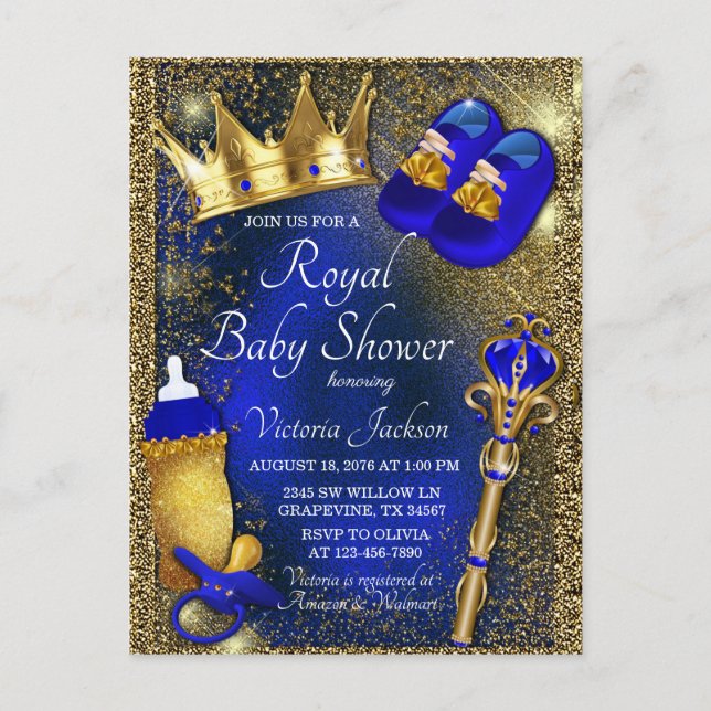 Royal Blue Gold Prince Baby Dusche Einladung Postkarte (Vorderseite)