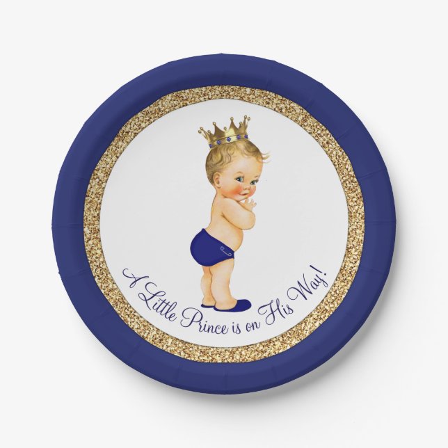 Royal Blue Gold Prince Baby Dusche Pappteller (Vorderseite)