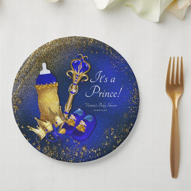 Royal Blue Gold Prince Baby Dusche Pappteller (You can change all text as needed for your event.)