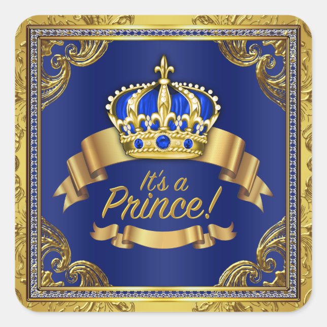 Royal Blue Gold Prince Baby Dusche Quadratischer Aufkleber (Vorderseite)