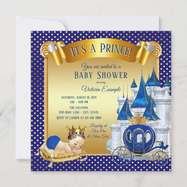Royal Blue Gold Prince Baby Shower Invitations (Devant)