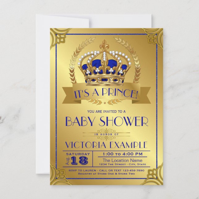 Royal Blue Gold Prince Baby Shower Invitations (Devant)