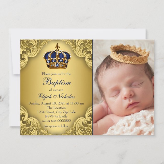 Royal Blue Gold Prince Crown Taufe Einladung (Vorderseite)