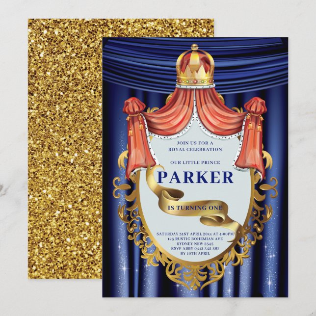 Royal Blue Gold Prince Geburtstag Einladung (Vorne/Hinten)