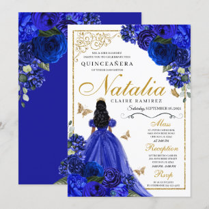 Royal Blue Gold Princess & Butterflies Quinceañera Einladung