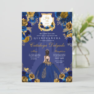 Royal Blue & Gold Princess Castle Quinceañera Einladung