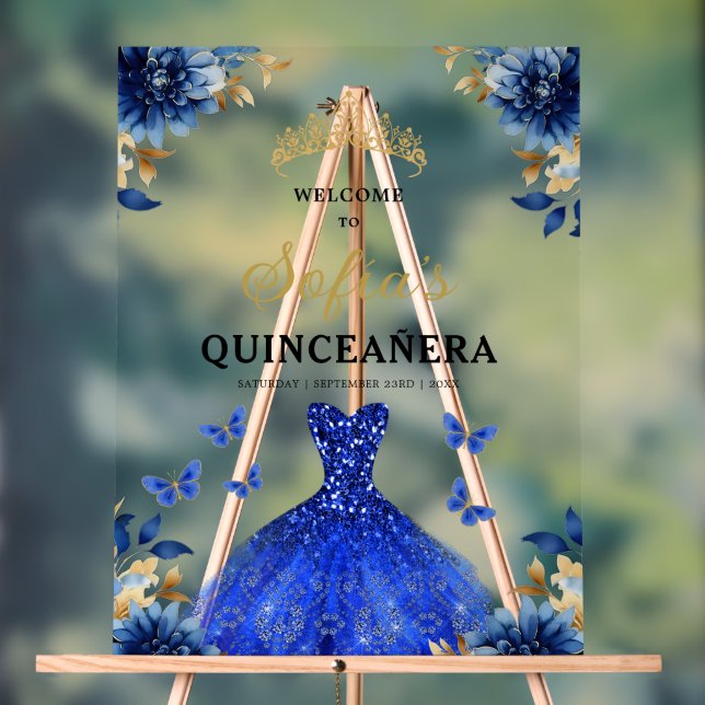 Royal Blue Gold Princess Quinceañera Willkommen Acrylschild (Neutral)