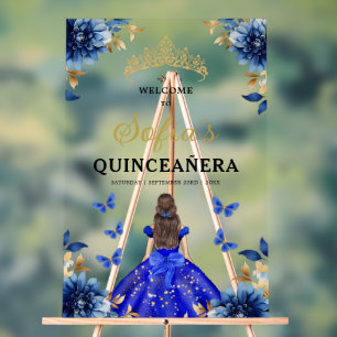 Royal Blue Gold Princess Quinceañera Willkommen Acrylschild