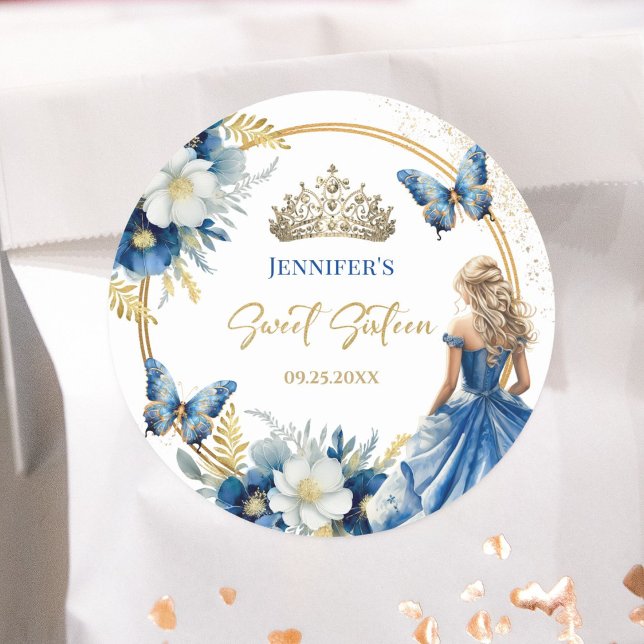Royal Blue Gold Princess Tiara Floral Sweet 16 Runder Aufkleber (Von Creator hochgeladen)