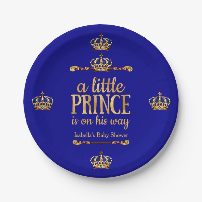 Royal Blue Gold Prinz auf dem Weg Baby Dusche Pappteller (Vorderseite)