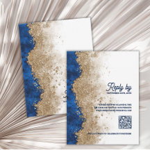 Royal Blue Gold QR Code Luxury Wedding Reply By