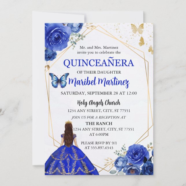 Royal Blue Gold Quinceanera Birthday Einladung (Vorderseite)