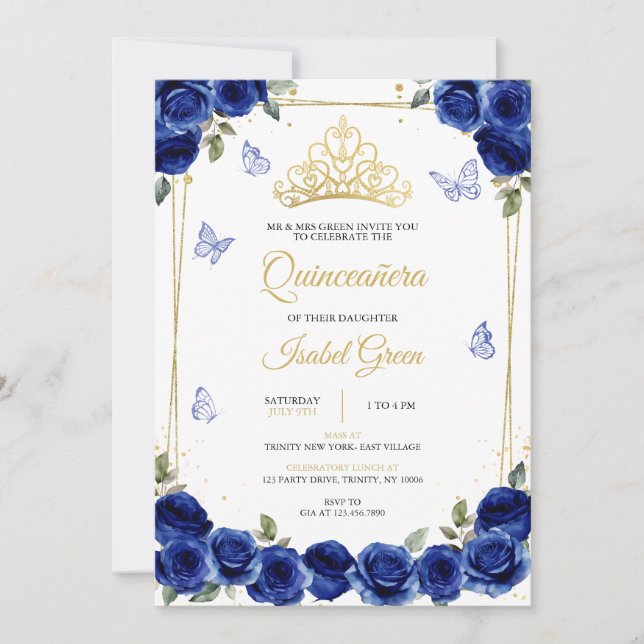 Royal Blue Gold Quinceañera Einladung (Vorderseite)