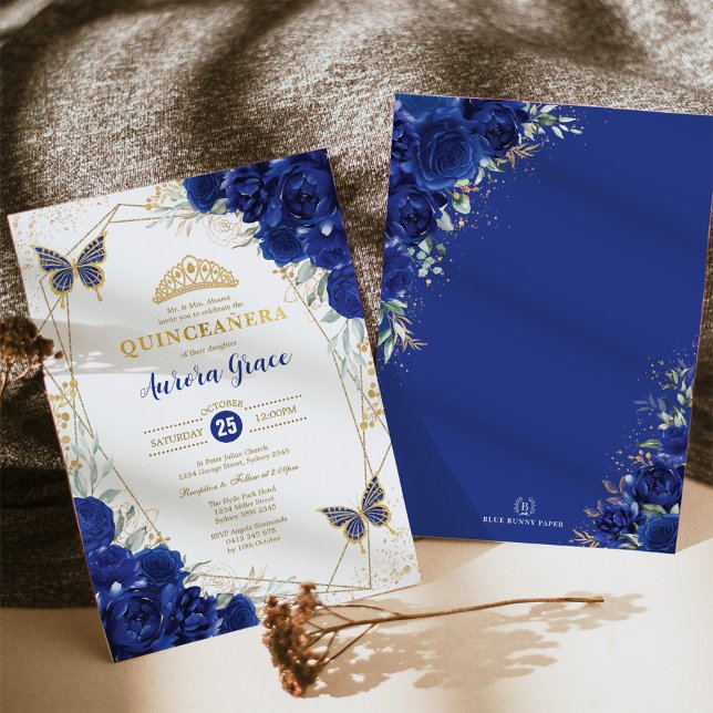 Royal Blue Gold Quinceñera Butterfly Geometric Einladung (Von Creator hochgeladen)