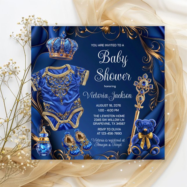 Royal Blue Gold Regal Prince Baby Dusche Einladung (Adorable baby prince things on an elegant royal blue and gold background. Fit for a Prince!)