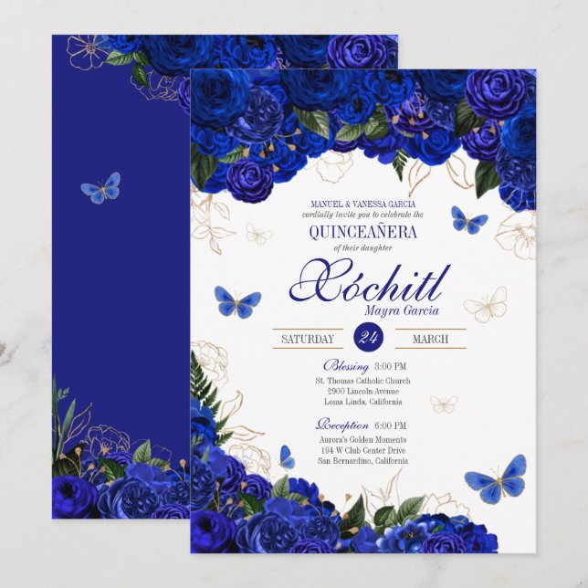 Royal Blue Gold Rose Butterfly Elegantes Quinceane Einladung (Vorne/Hinten)