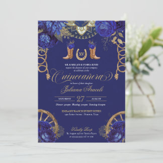 Royal Blue Gold Rose Country Western Quinceanera Einladung