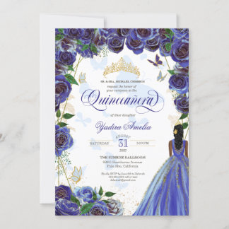 Royal Blue Gold Rose Elegante Butterfly Quinceaner Einladung