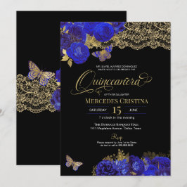 Royal Blue & Gold Rose Lace Butterfly Quinceañera Einladung