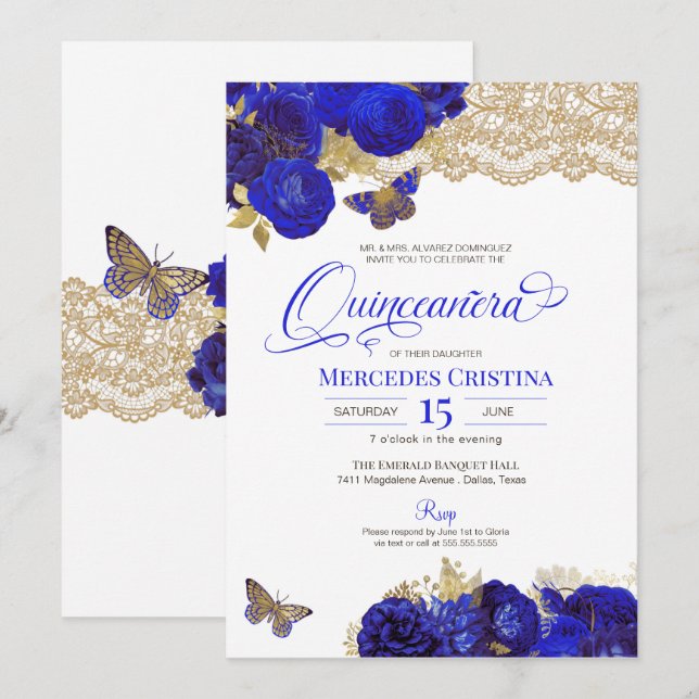 Royal Blue & Gold Rose Lace Butterfly Quinceañera Einladung (Vorne/Hinten)