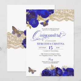 Royal Blue & Gold Rose Lace Butterfly Quinceañera Einladung