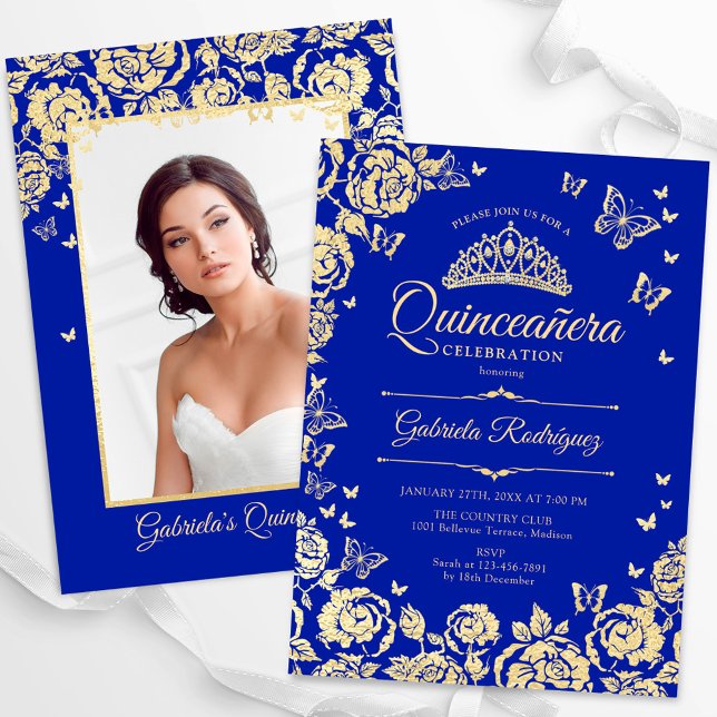 Royal Blue Gold Rose Quinceanera Foto Einladung (Von Creator hochgeladen)
