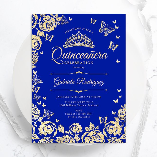 Royal Blue Gold Rose Schmetterlinge Quinceanera Einladung (Von Creator hochgeladen)