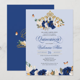 Royal Blue Gold Rose Tiara Butterfly Quinceañera Einladung