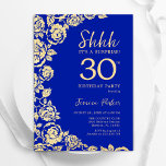 Royal Blue Gold Rose Überraschung 30. Geburtstag Einladung<br><div class="desc">Royal Blue Gold Floral Surprise 30. Geburtstag Party Einladung. Elegantes Design mit Rose,  Imitaten Goldfolie und Typografie Script Schriftart. Die trendige Einladungskarte eignet sich perfekt für eine stilvolle Damenfeier. Kann für jedes Alter angepasst werden. Gedruckte Zazzle-Einladungen oder Sofortdownload digitaler Druckvorlage.</div>