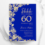 Royal Blue Gold Rose Überraschung 60. Geburtstag Einladung<br><div class="desc">Royal Blue Gold Floral Überraschung 60. Geburtstagsparty Einladung. Elegantes Design mit Rose,  Imitaten Goldfolie und Typografie Script Schriftart. Die trendige Einladungskarte eignet sich perfekt für eine stilvolle Damenfeier. Kann für jedes Alter angepasst werden. Gedruckte Zazzle Einladungen oder Sofortdownload digitalen druckbaren Vorlage.</div>