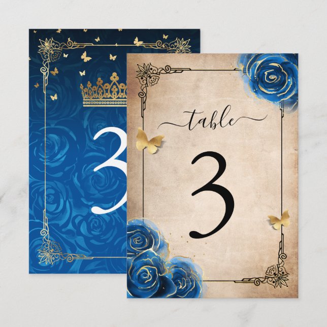 Royal Blue Gold Roses Numéro de tableau Cartes (Devant / Derrière)