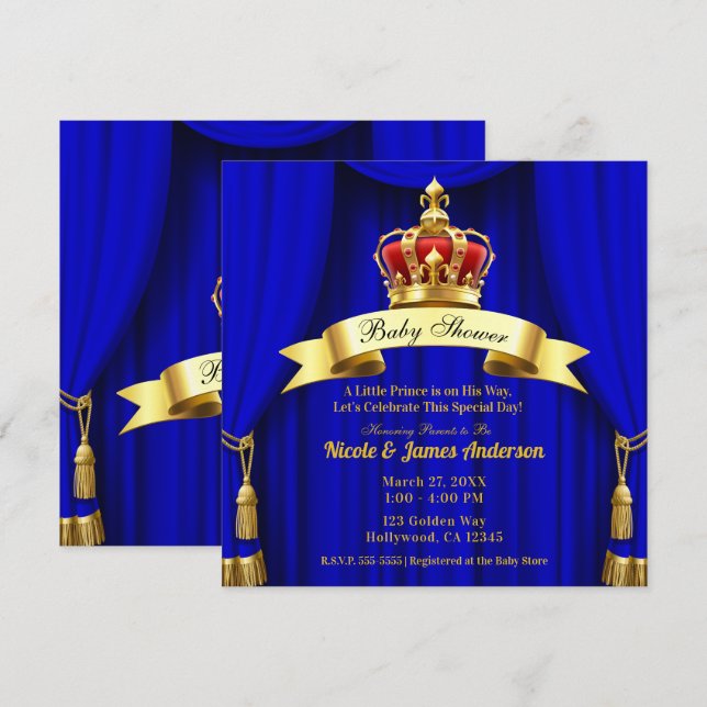 Royal Blue Gold Royal Red Crown Prince Baby Dusche Einladung (Vorne/Hinten)