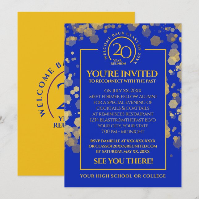 Royal Blue & Gold School Class Wiedersehen Einladung (Vorne/Hinten)