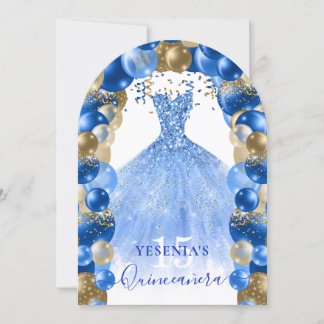 Royal Blue Gold Sparkkleid Quinceañera Balloon Einladung