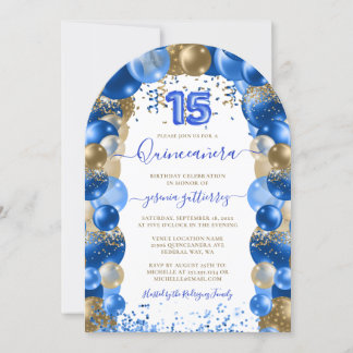 Royal Blue Gold Sparkle Quinceañera Balloon Einladung