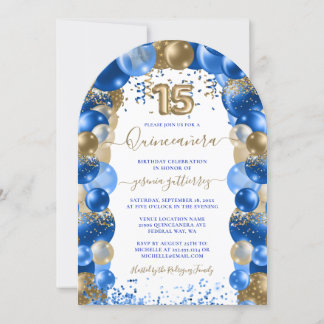 Royal Blue Gold Sparkle Quinceañera Balloon Einladung