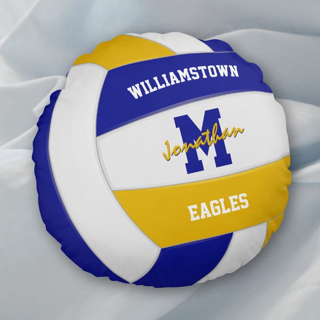 Royal Blue Gold Team farbenfroh Kinder Volleyball Rundes Kissen (Von Creator hochgeladen)