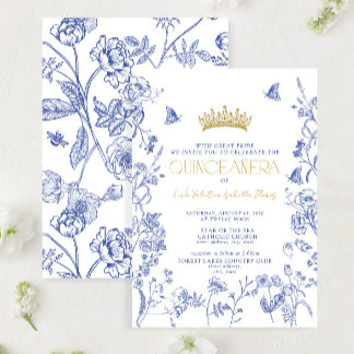 Royal Blue Gold Tiara Floral Butterfly Quinceañera Einladung