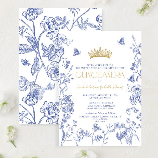 Royal Blue Gold Tiara Floral Butterfly Quinceañera Einladung (Von Creator hochgeladen)