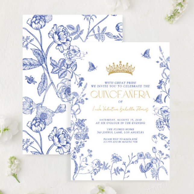 Royal Blue Gold Tiara Floral Butterfly Quinceañera Einladung (Von Creator hochgeladen)