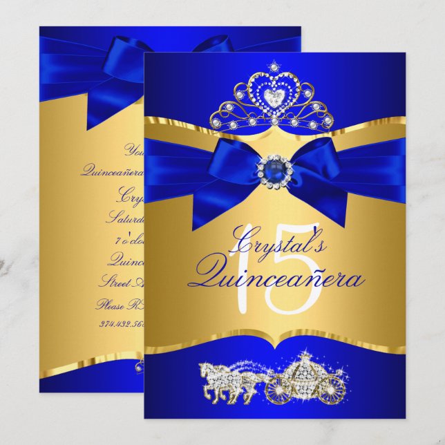 Royal Blue Gold Tiara Pearl Bow Quinceanera Einladung (Vorne/Hinten)
