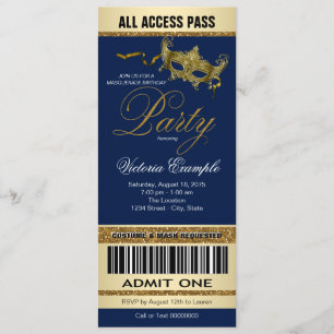 Royal Blue Gold Ticket Style Maskenball Einladung