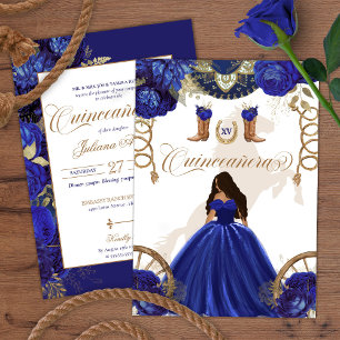 Royal Blue Gold Western Charro 2-seitige Quinceane Einladung