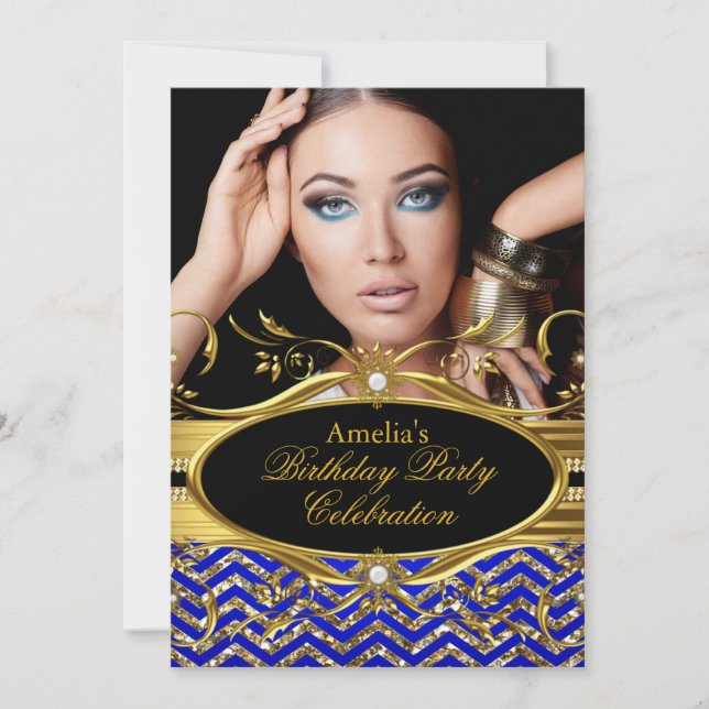 Royal Blue & gold Zickzack Diamond Foto Geburtstag Einladung (Vorderseite)