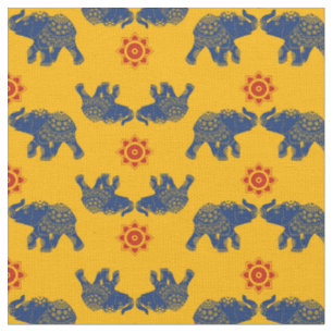 Royal Blue, Golden Yellow Jewelants indische Elefa Stoff