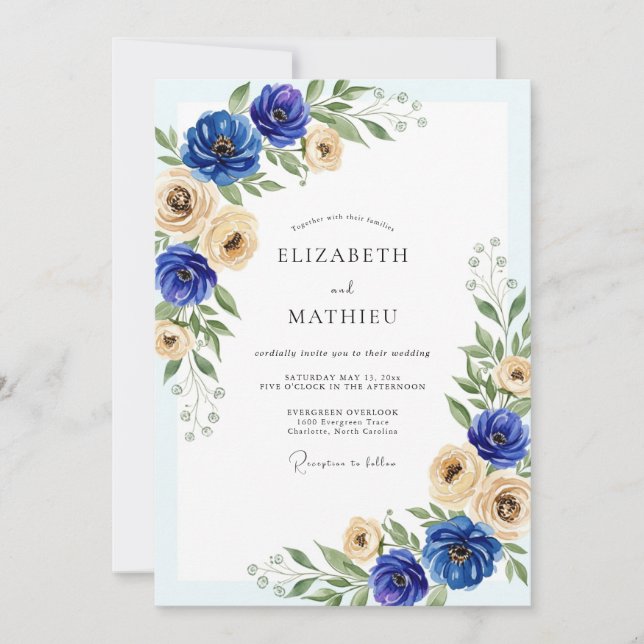 Royal Blue Graceful Spring Wedding Einladung (Vorderseite)